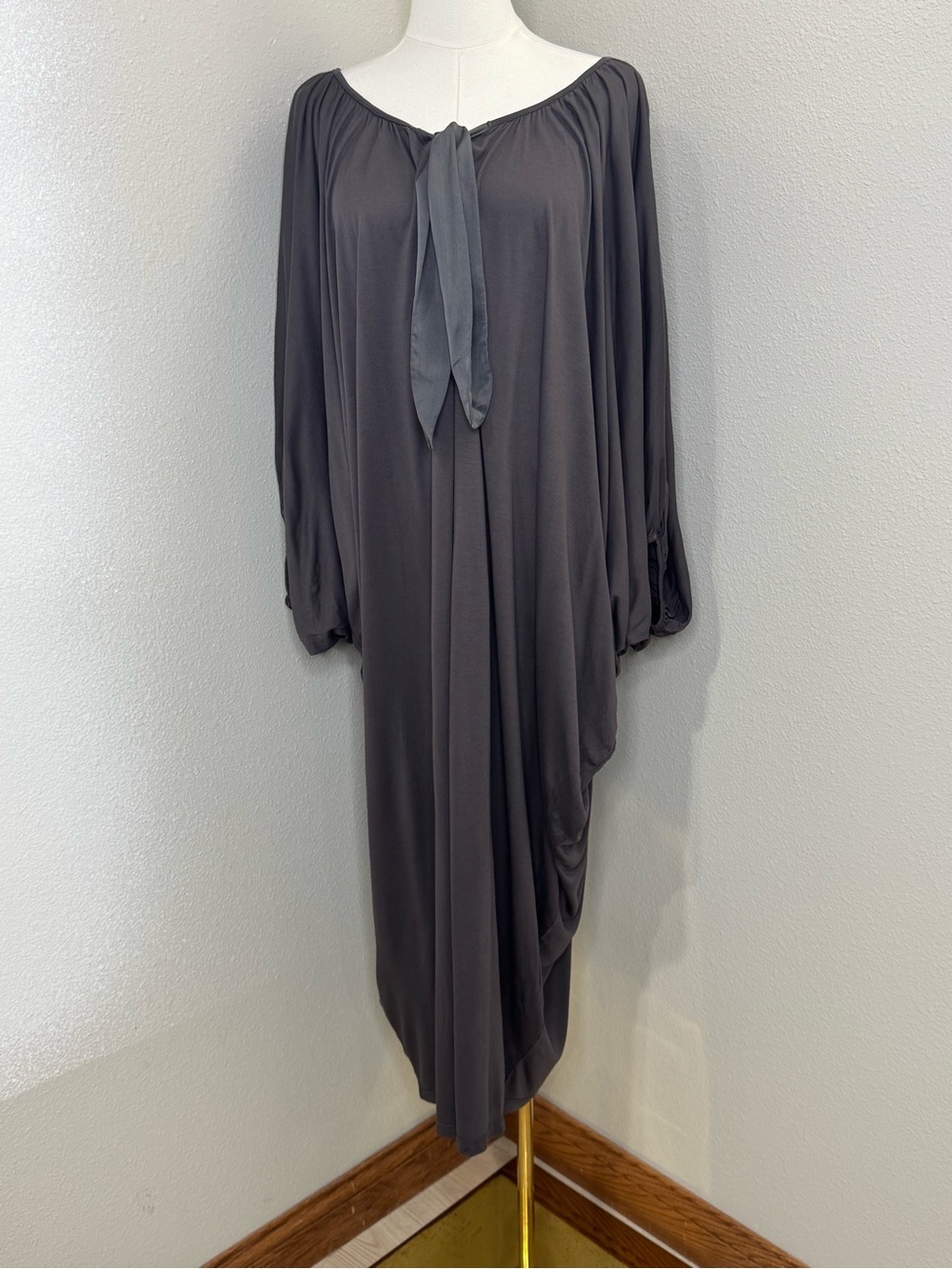 Fraiche by J One Size Oversized Purple Gray Draped Midi Dress Tie Neck NWOT